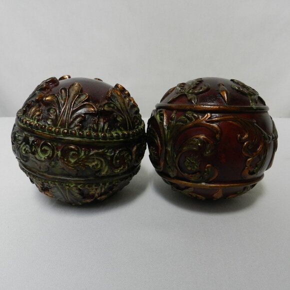 Vintage Wood Carved balls spheres burgundy red brown green 4" Set Pair 2 Decor - Picture 1 of 9